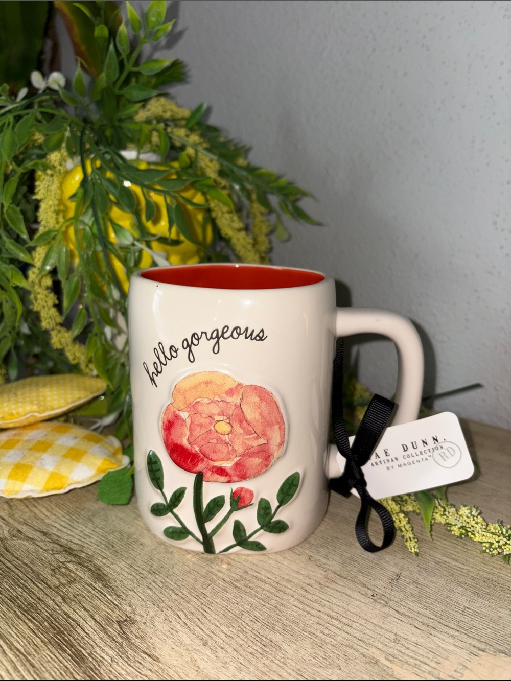 Rae Dunn Cream Mug with Coral Floral and Red Interior